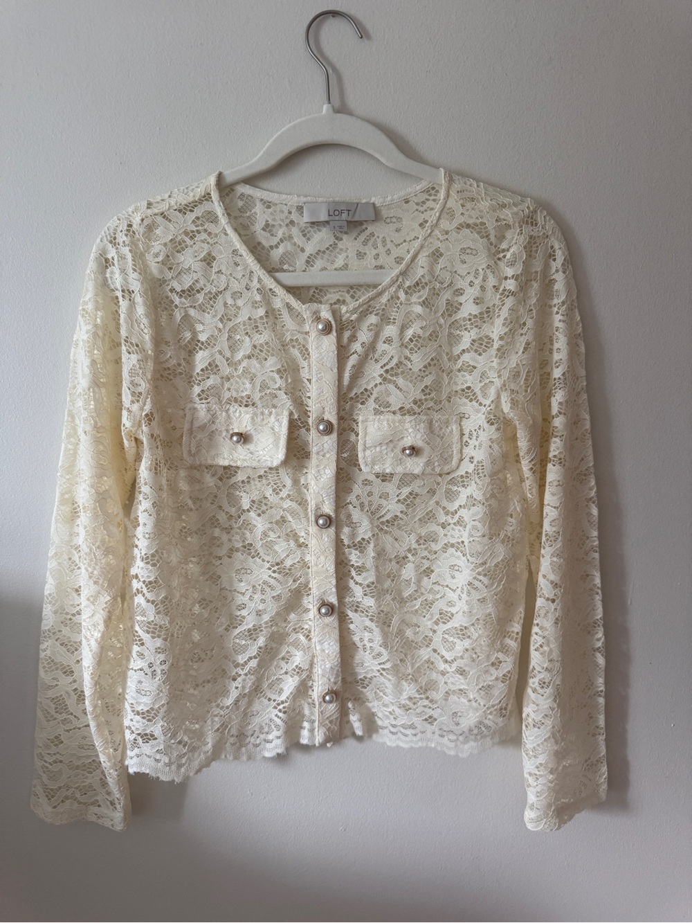 LOFT Cream Lace Button-Front Cardigan
